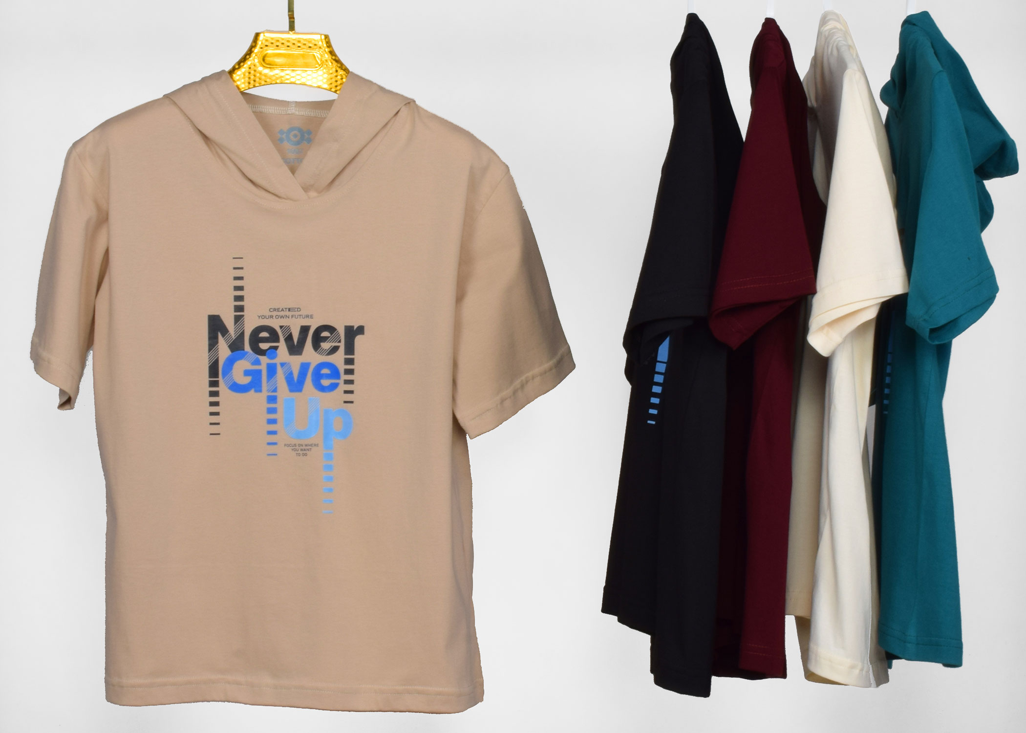 تیشرت کلاهدار مردانه طرح NEVER GIVE UP